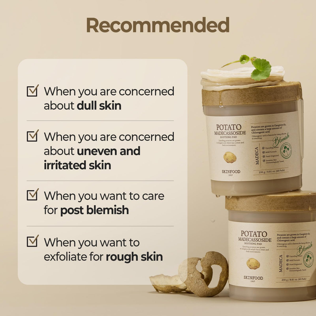 SKINFOOD 1957 centella and potato ingredients displayed to show natural calming and brightening