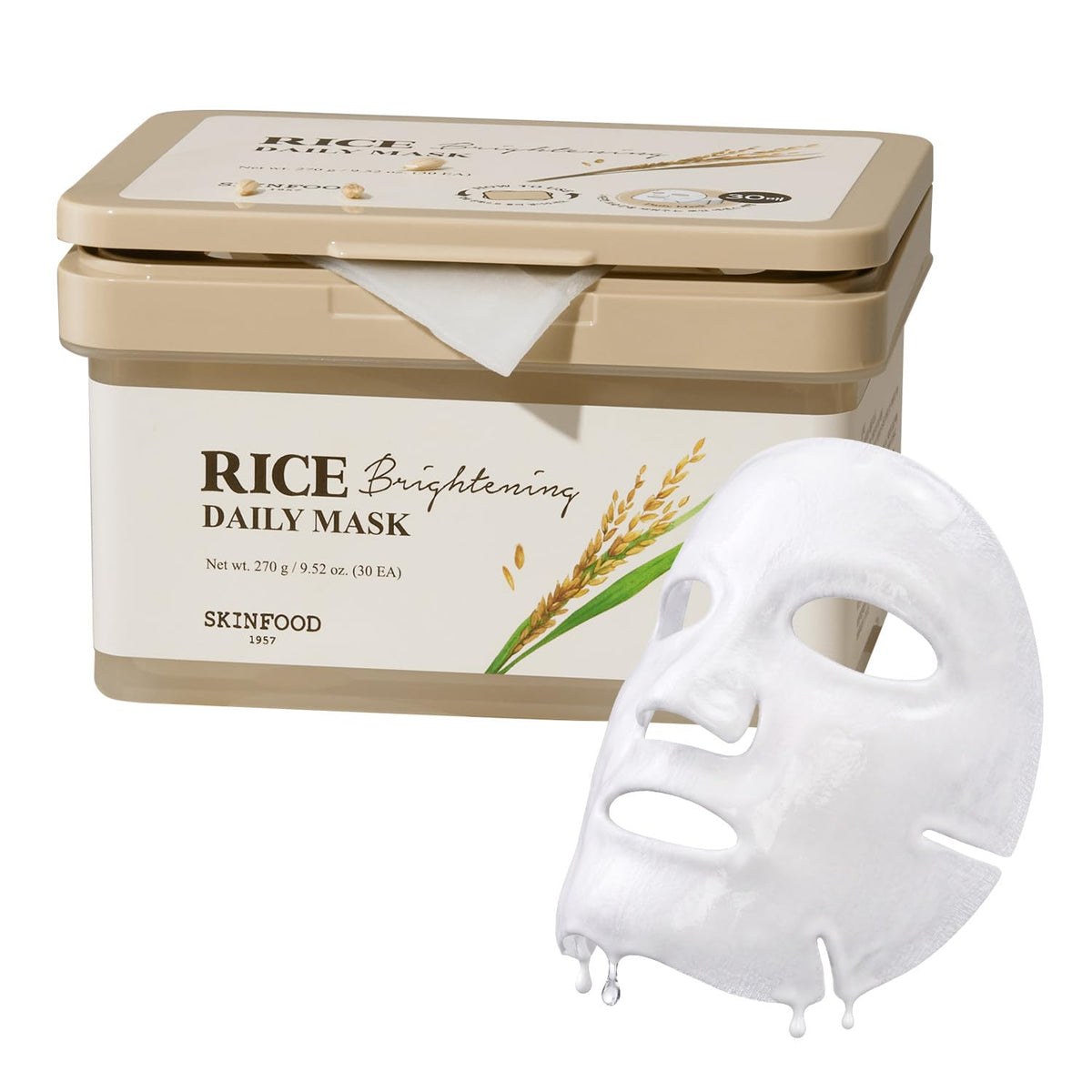 SKINFOOD 1957 front packaging showing 30-sheet rice mask for daily hydration
