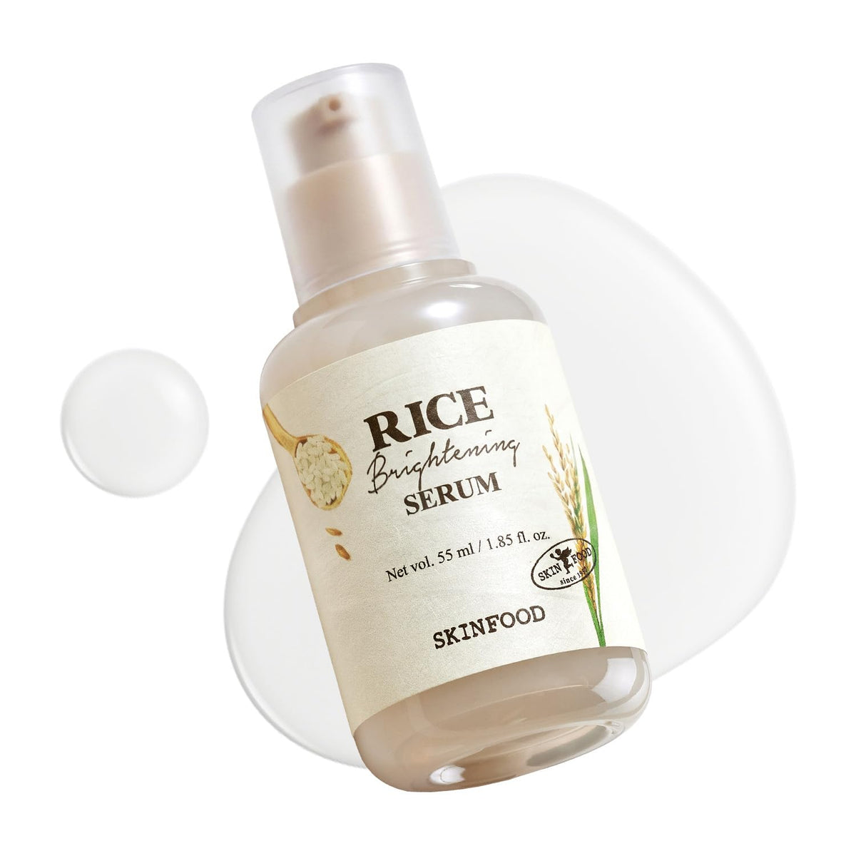 SKINFOOD 1957 rice serum front bottle showing sleek glass packaging and brightening benefit
