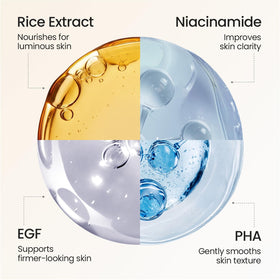 SKINFOOD rice serum label detail focusing on fermented rice complex and ingredient clarity benefit