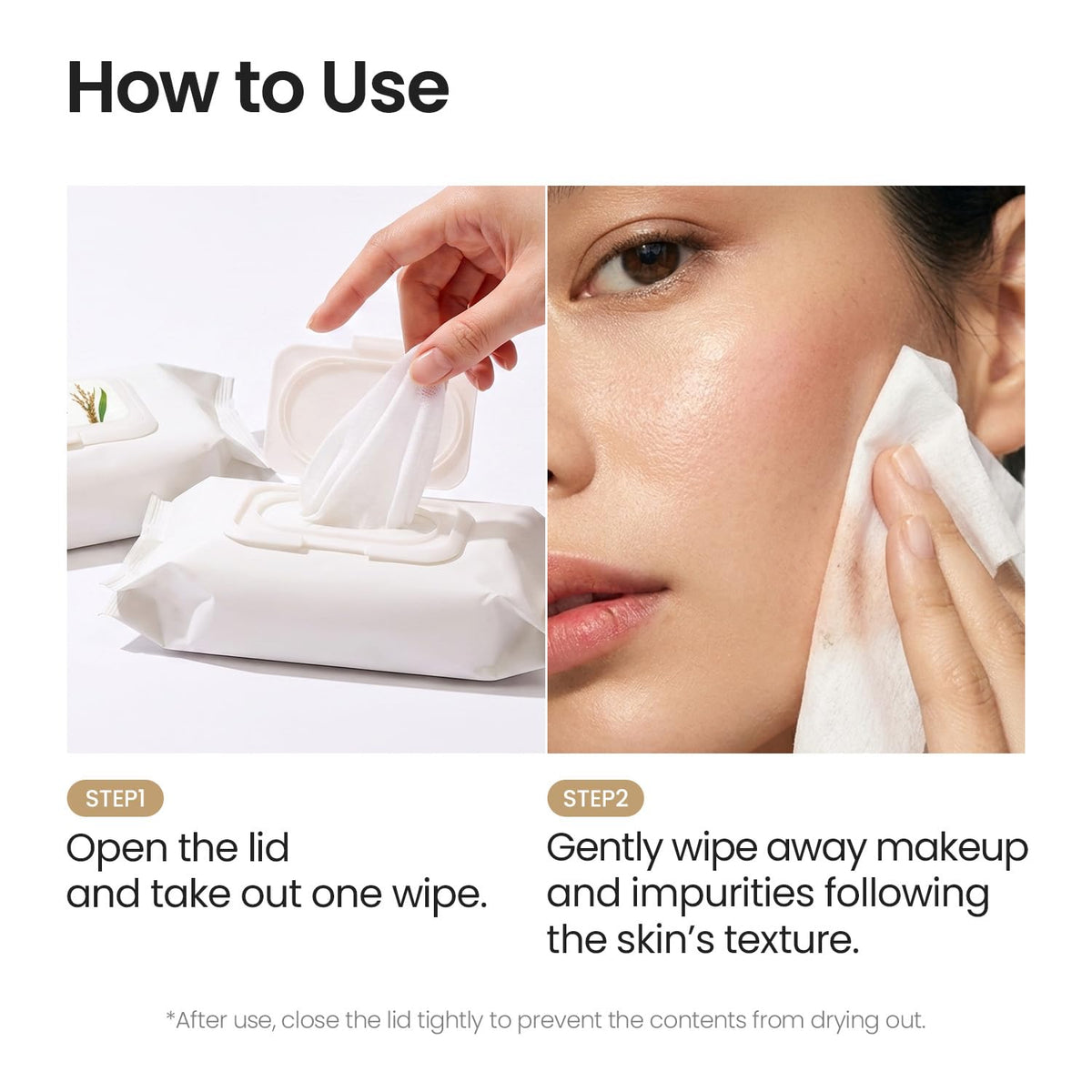 SKINFOOD hand removing a wipe from tub and gently wiping face, fast removal