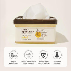 SKINFOOD mask tucked in travel pouch illustrating on-the-go brightening boost