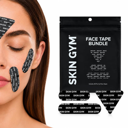 SKIN GYM front packaging showing the 45-piece wrinkle patch bundle and clear benefits