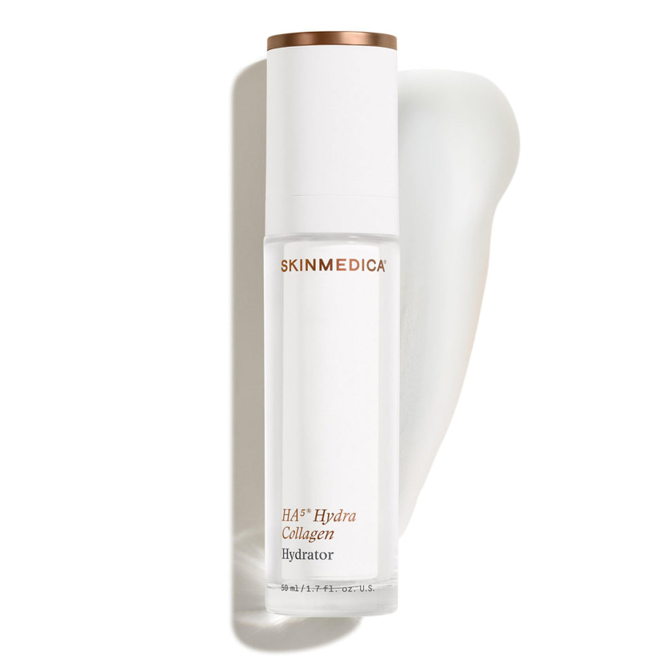 SkinMedica HA5 front packaging showing sleek bottle and branding benefit: visible hydration