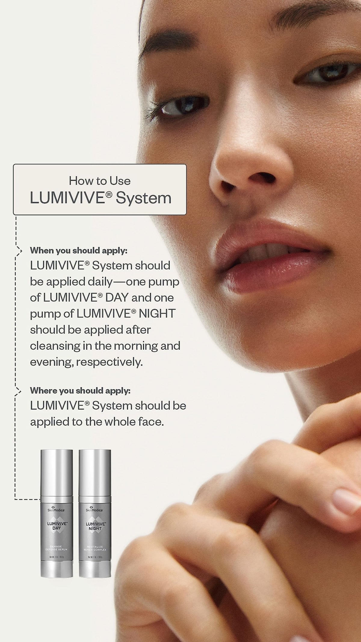 SkinMedica close-up of Lumivive Day serum pump dispensing product, highlights easy daytime protection