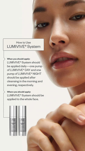 SkinMedica close-up of Lumivive Day serum pump dispensing product, highlights easy daytime protection