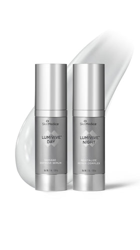SkinMedica front packaging showing both Lumivive Day and Night set, conveys complete regimen benefit