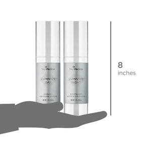 SkinMedica Lumivive on a vanity with plants and mirror, lifestyle shot showing routine integration
