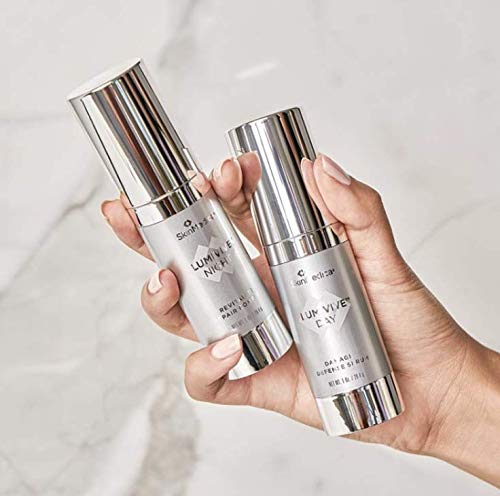 SkinMedica close-up of Lumivive Night tube label and cap, emphasizes nighttime repair formula