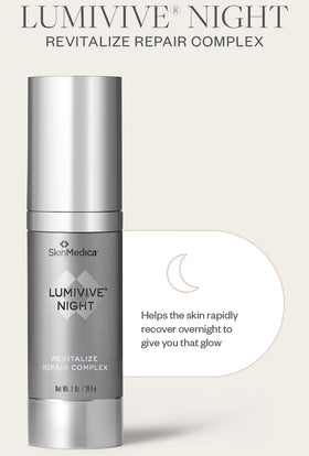 SkinMedica Lumivive next to an SPF bottle for scale, shows compact serum sizes for daily use
