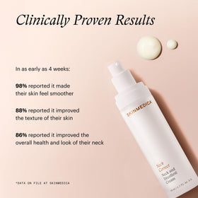Applying SkinMedica Neck Correct to décolleté demonstrating easy upward massage