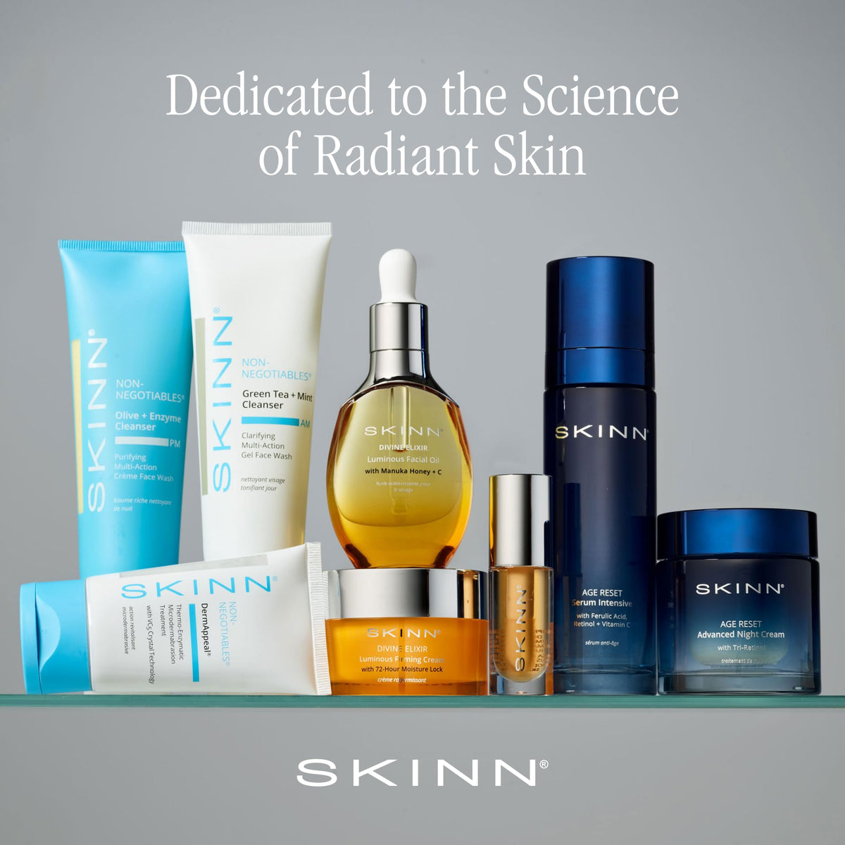 SKINN bottles on bathroom shelf suggesting daily routine convenience and organization