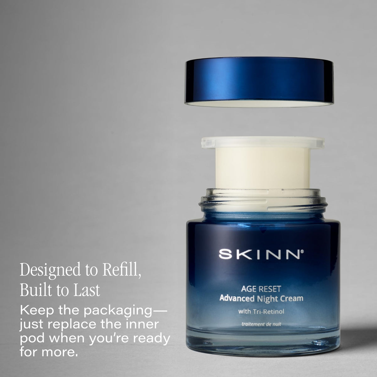SKINN jar on bedside table representing nightly routine and relaxation