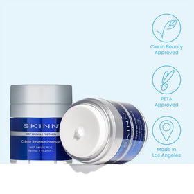 SKINN jar on bathroom counter conveying daily routine and clean beauty