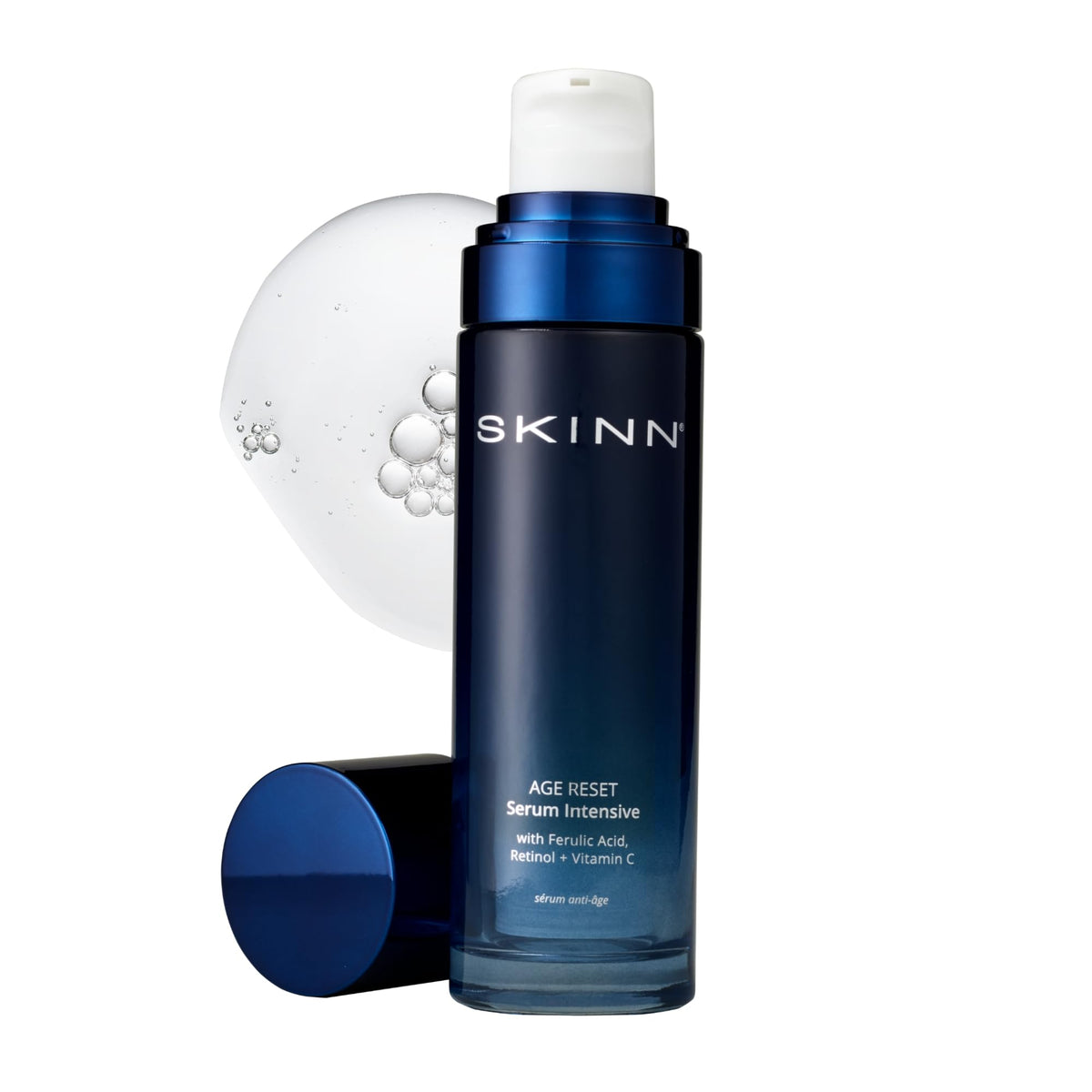 SKINN front packaging showing serum bottle and branding, conveys premium skincare benefit