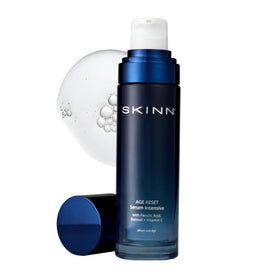 SKINN front packaging showing serum bottle and branding, conveys premium skincare benefit