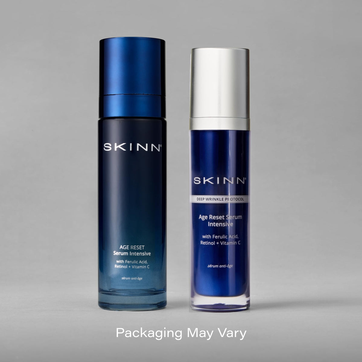 SKINN ingredient display with citrus and lab glass, emphasizes vitamin C antioxidant benefit
