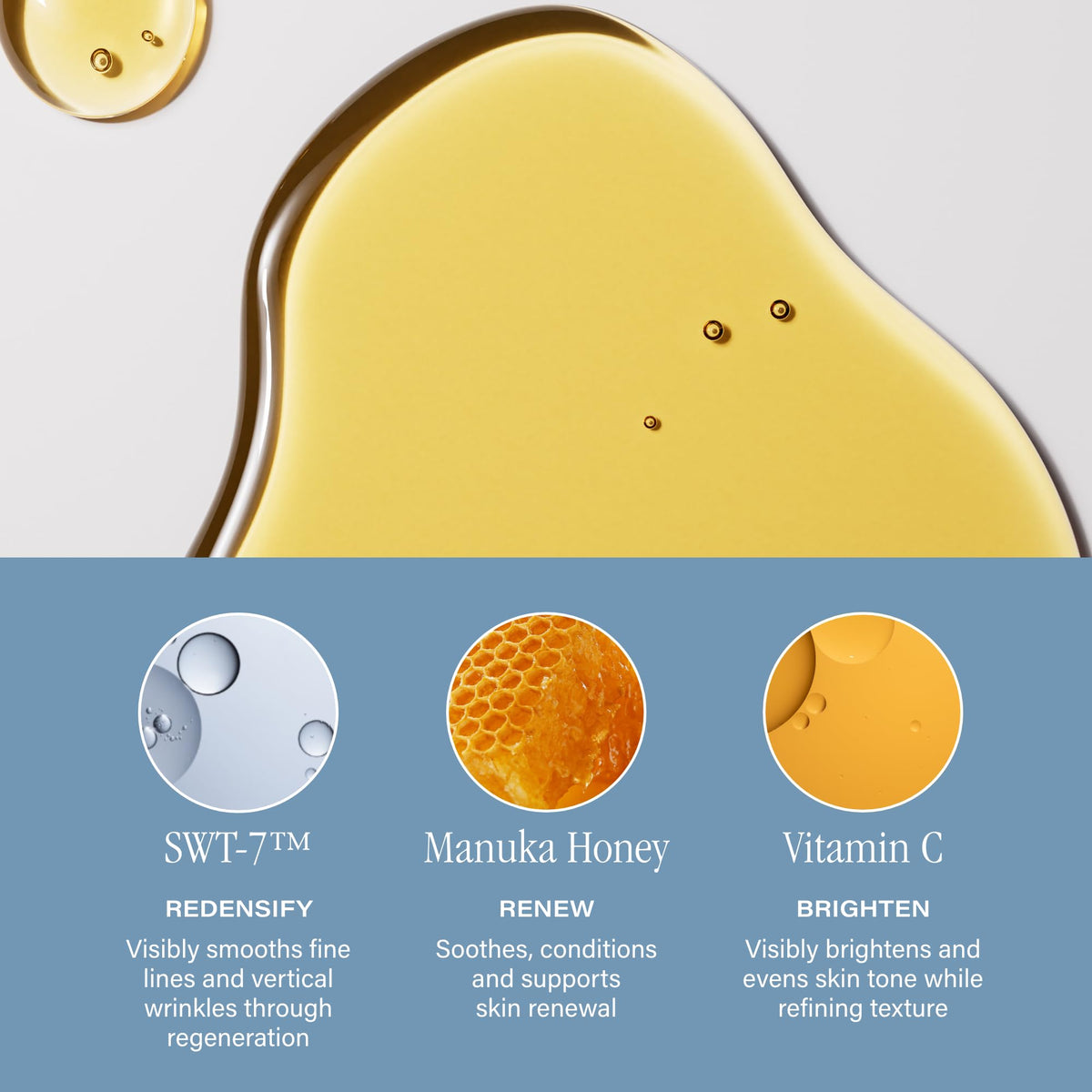 SKINN label detail showing Manuka honey and Vitamin C benefits