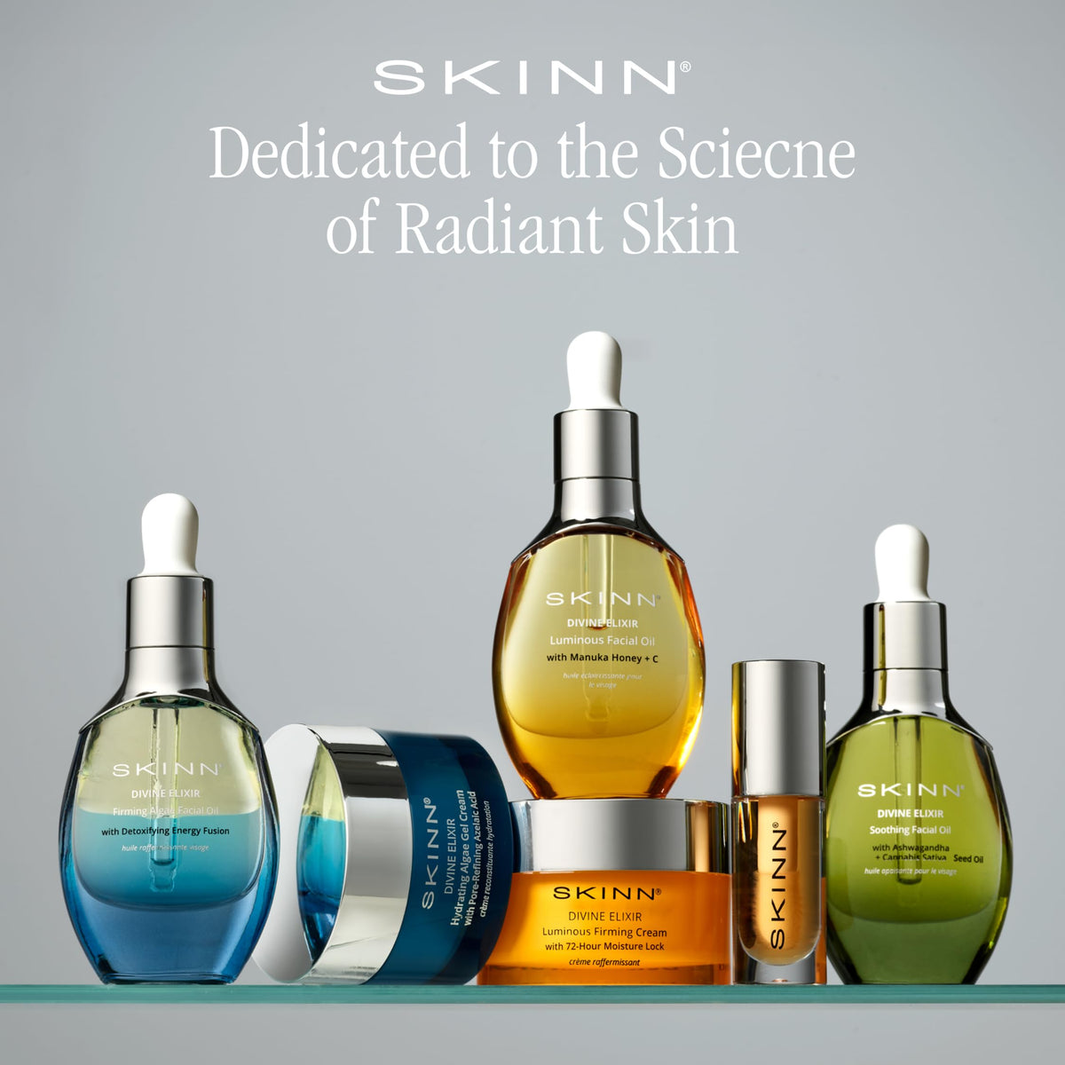 SKINN facial oil on vanity in bathroom scene conveying daily routine benefit