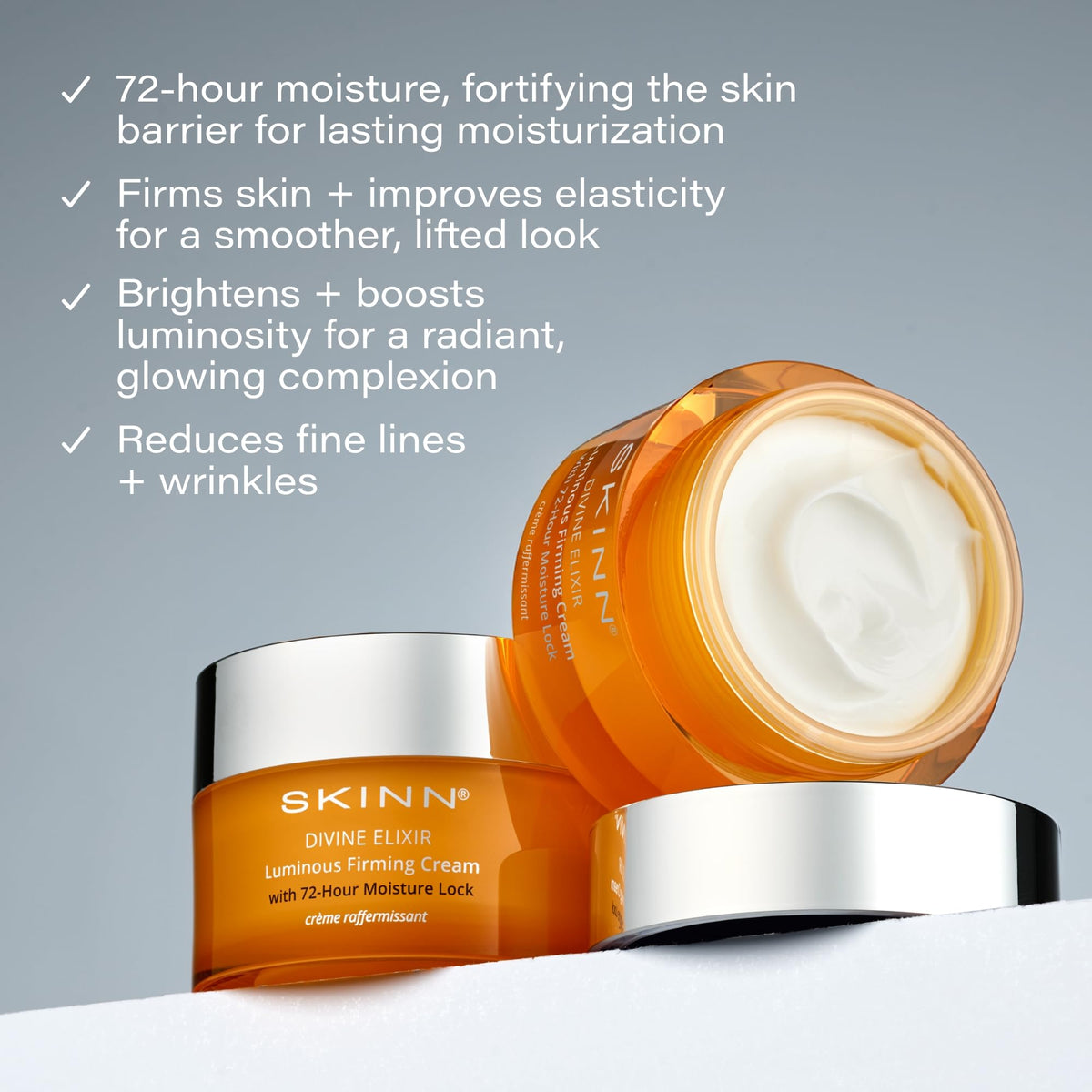 SKINN open jar revealing creamy contents, illustrates consistency and ease of use