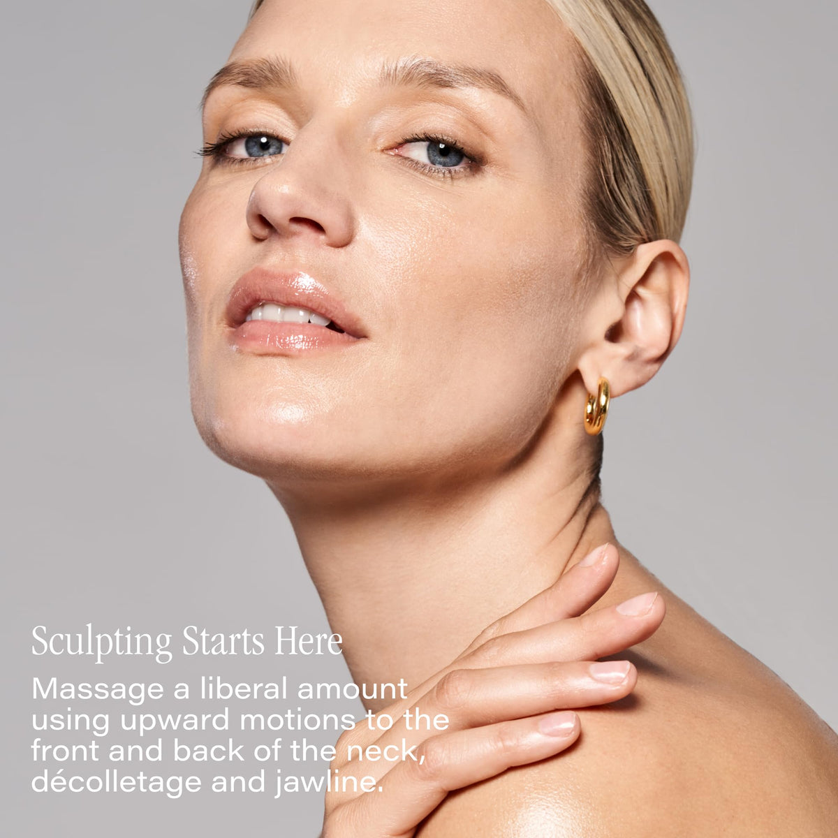 SKINN applying cream to neck demonstrating tightening benefit