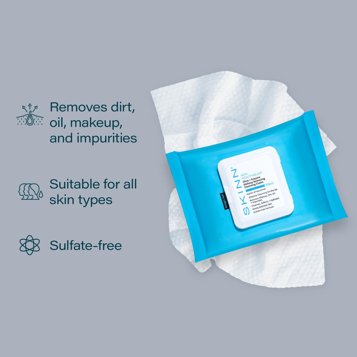SKINN open pack with visible moist wipe ready to cleanse on the go