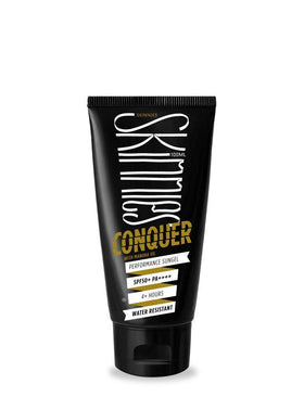 Skinnies CONQUER front tube showing SPF50+ for quick product recognition and protection