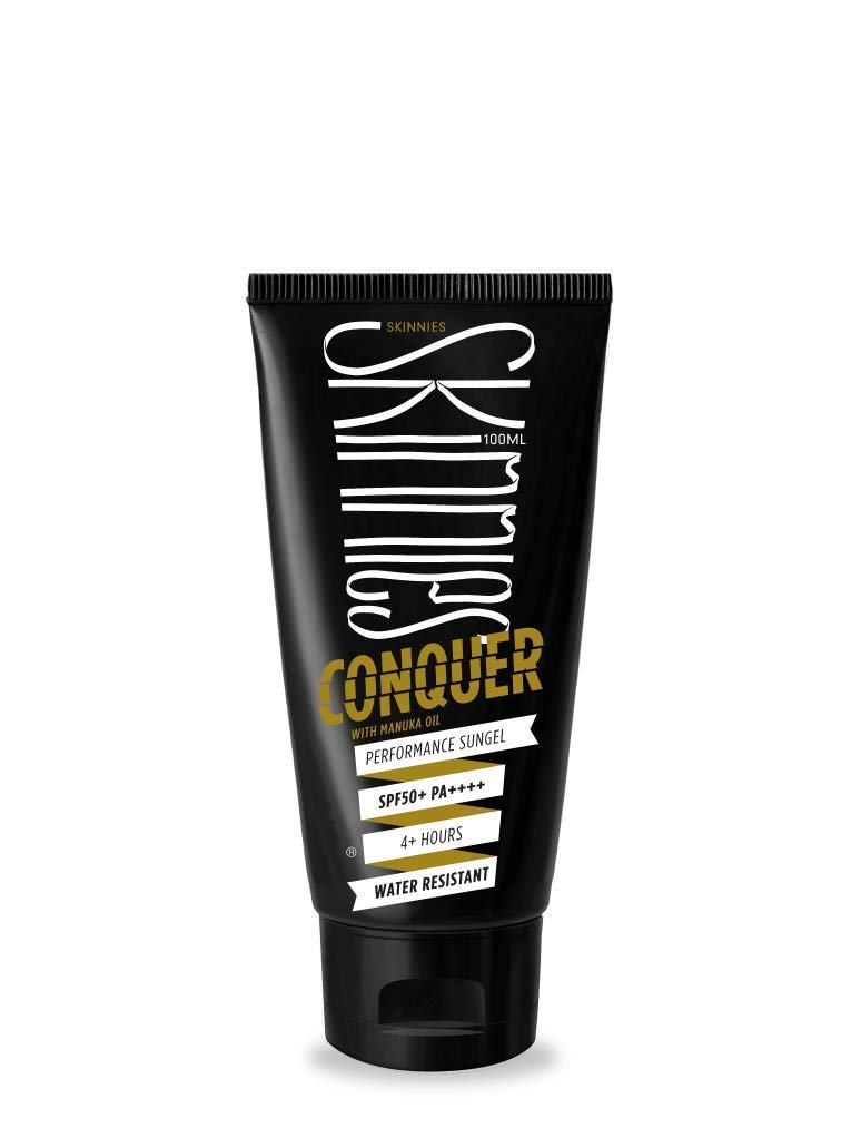 Skinnies CONQUER front tube showing SPF50+ for quick product recognition and protection