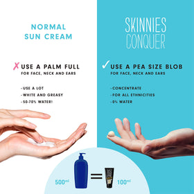 Skinnies CONQUER label and ingredient list highlighting reef-safe, vegan-friendly benefits