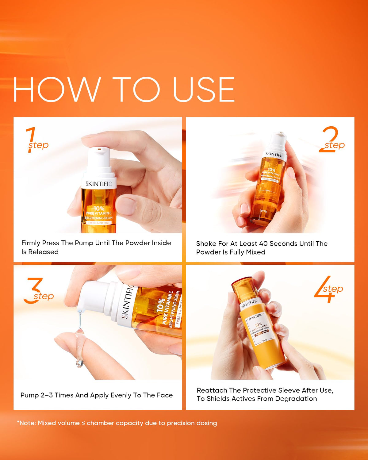 SKINTIFIC applying serum to cheek, shows brightening effect and smooth finish benefit