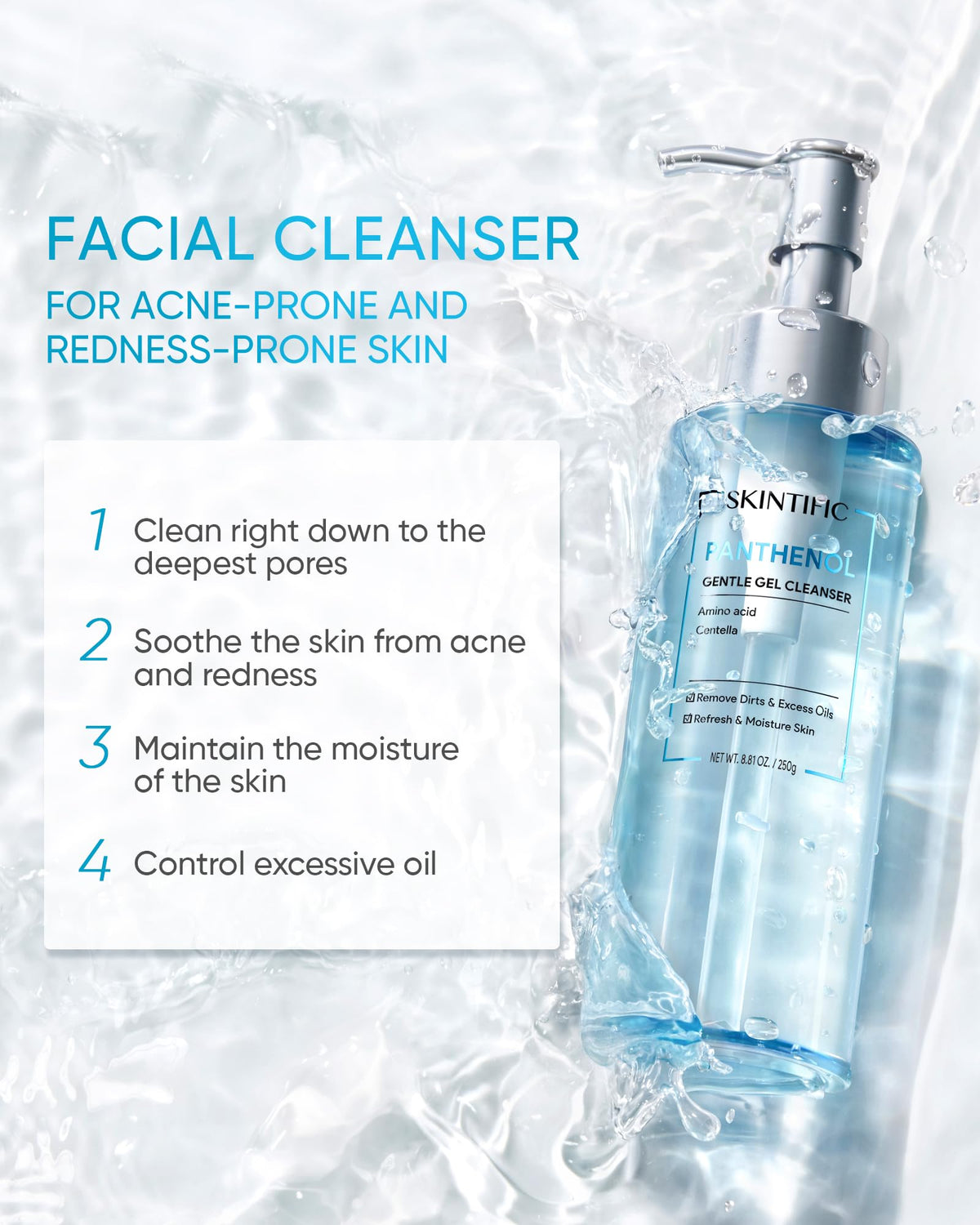 SKINTIFIC cleanser poured into palm highlighting foam ease and mildness