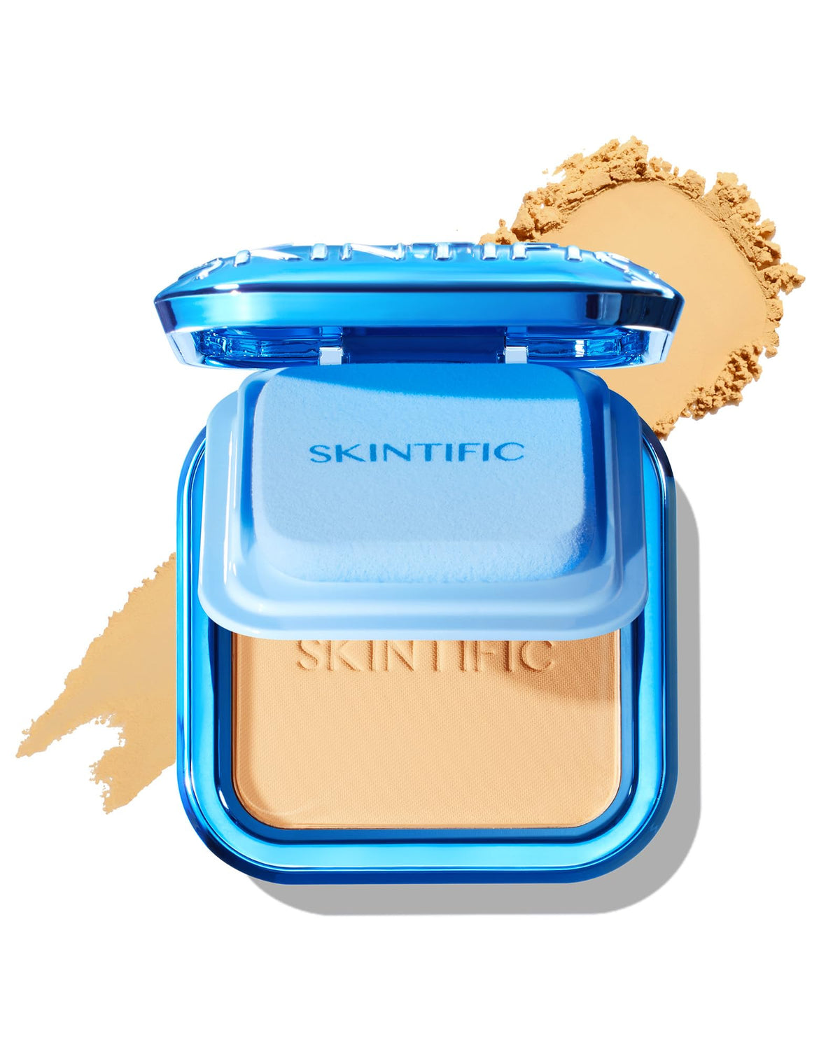 SKINTIFIC compact front view showing shade 03A Almond and sleek packaging benefit: travel-ready