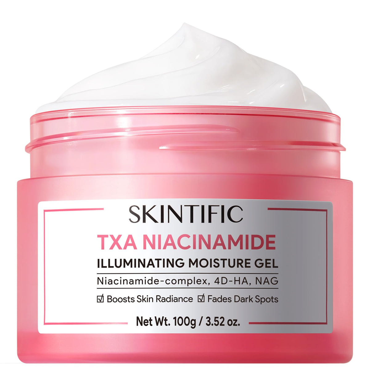 skintific front jar packaging shows product and benefits for brightening