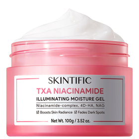 skintific front jar packaging shows product and benefits for brightening