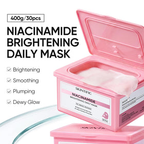 SKINTIFIC open box displaying 30 pre‑soaked sheets for daily convenience