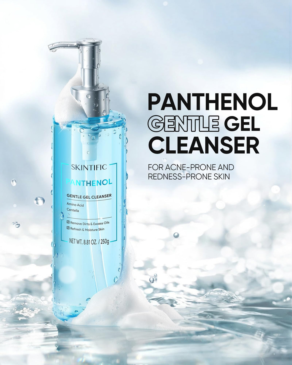 SKINTIFIC pump and label closeup highlighting gentle formula and clarity