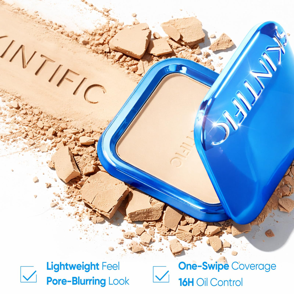 SKINTIFIC powder texture macro shot revealing ultra-fine particles for pore-blurring benefit