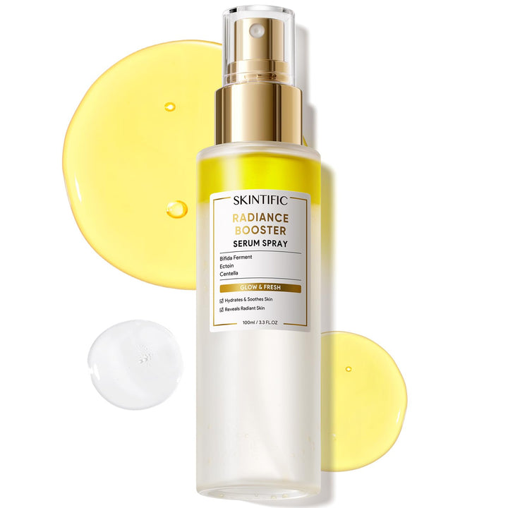SKINTIFIC front bottle view showing sleek packaging and glow benefits