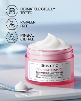 SKINTIFIC 50g size comparison beside hand indicating travel-friendly volume