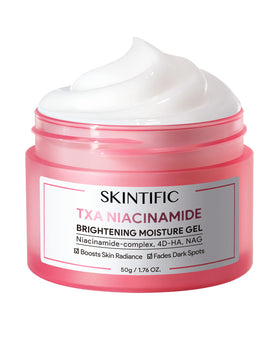 SKINTIFIC front jar view showing brightening cream and clear labeling benefits