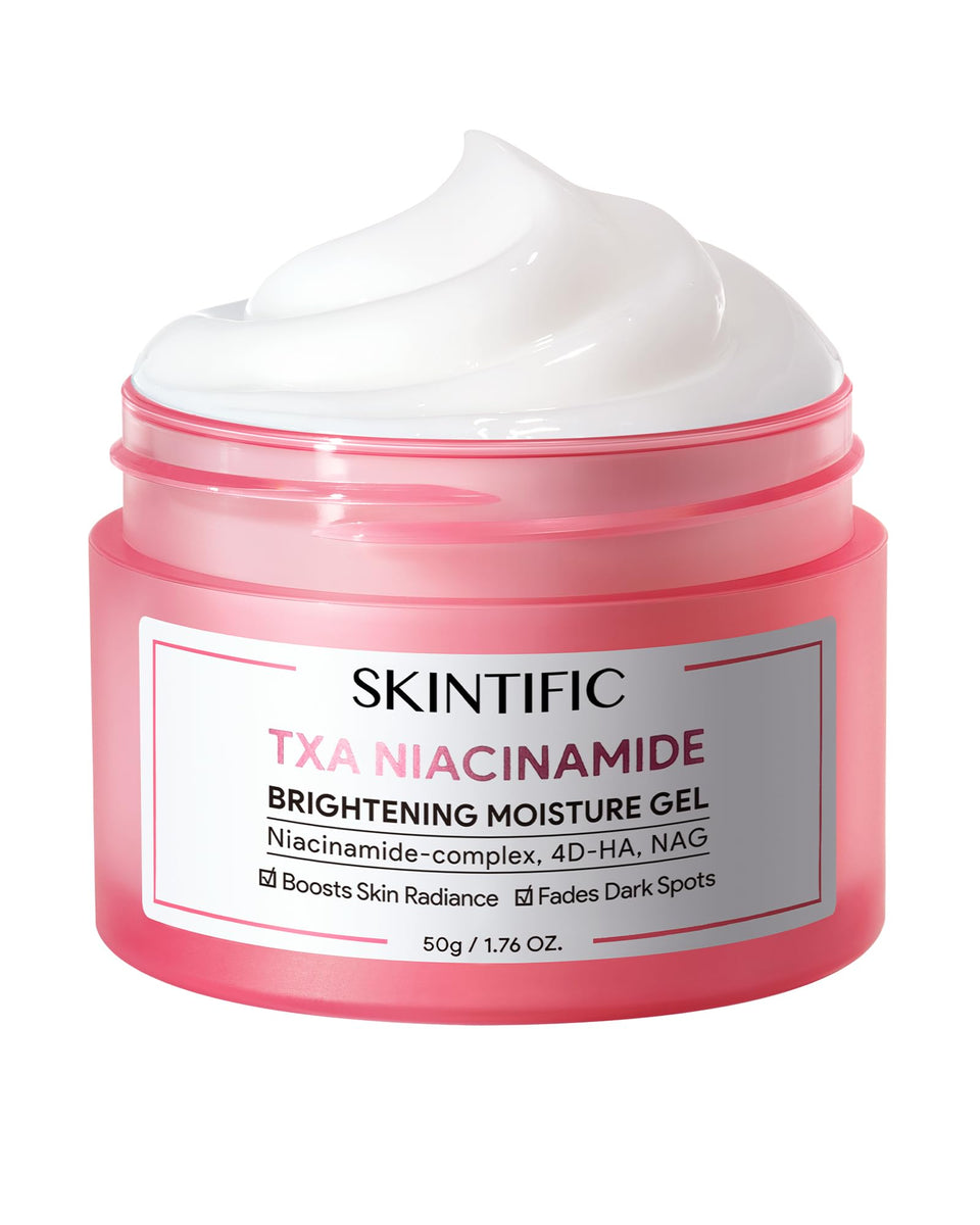 SKINTIFIC front jar view showing brightening cream and clear labeling benefits
