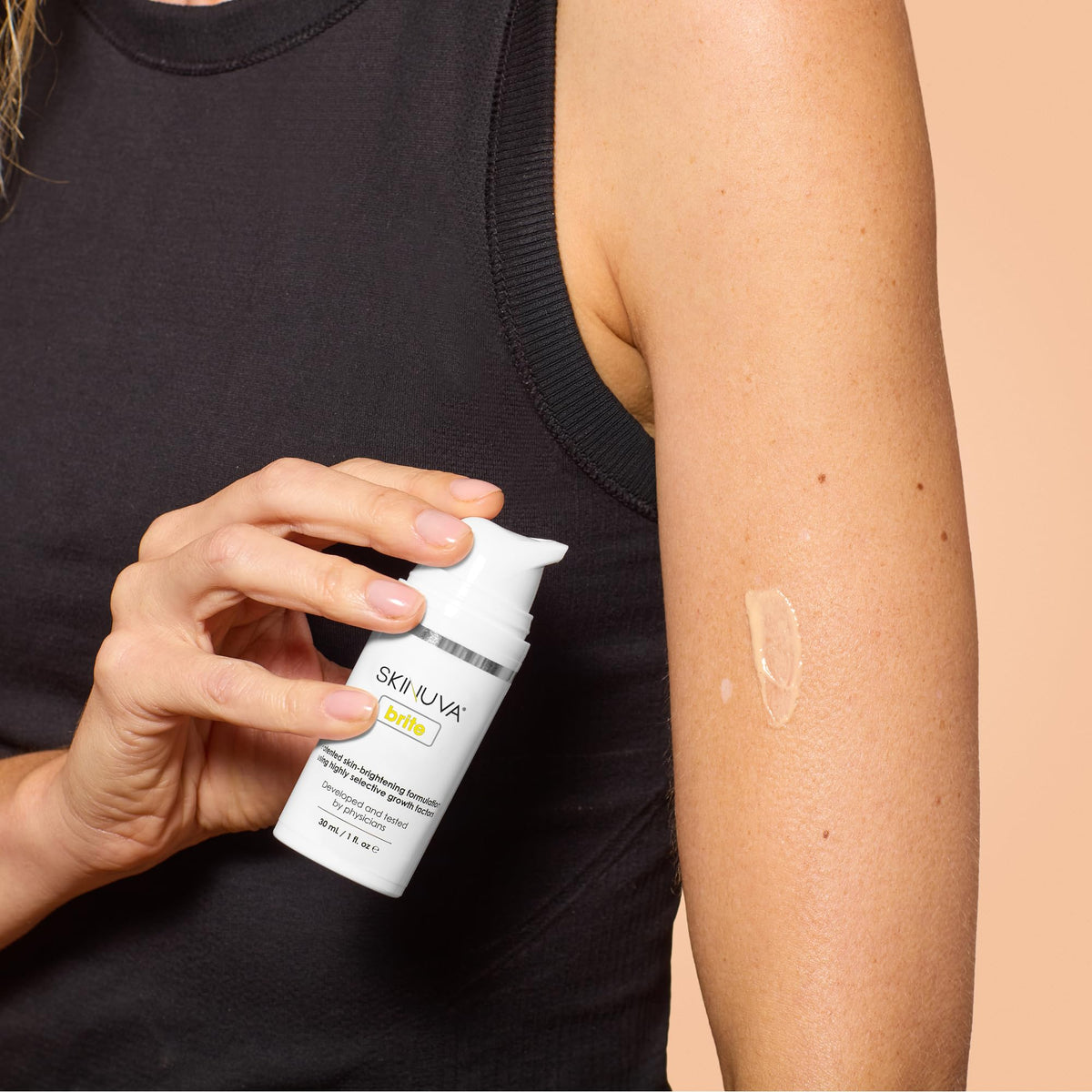 Skinuva Brite applied under eye illustrating gentle brightening benefit