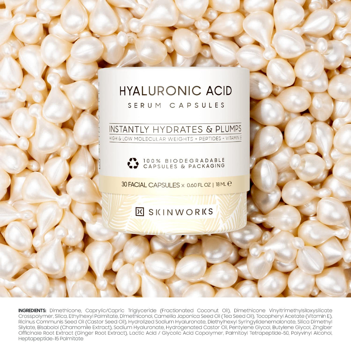 SKINWORKS capsules opened with serum spill illustrating freshness and no-waste dosing