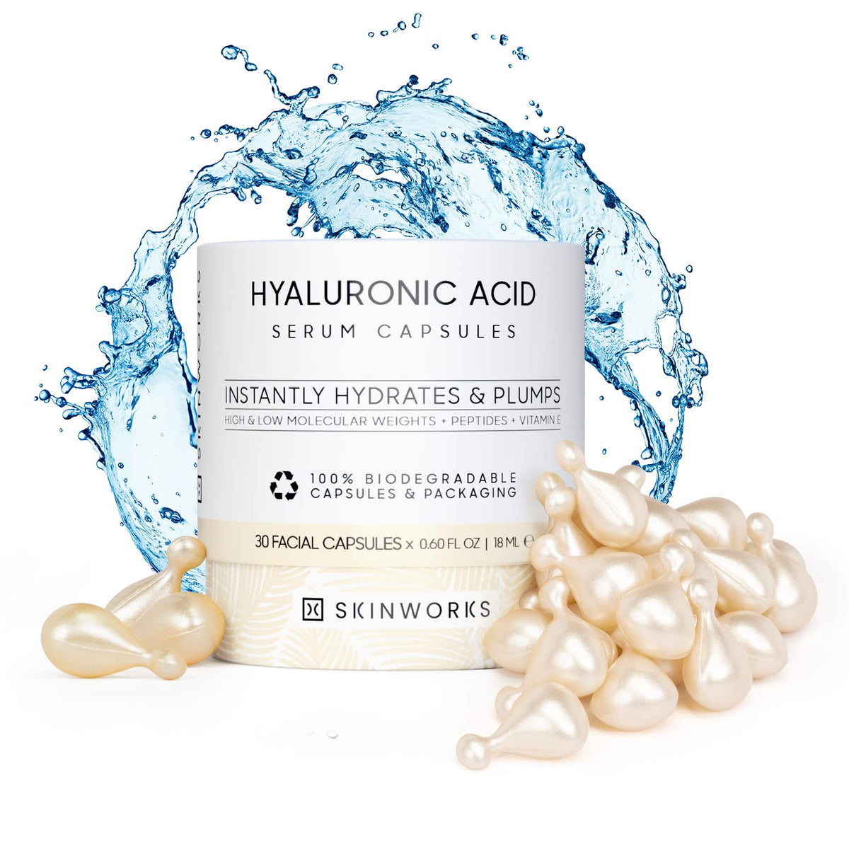 SKINWORKS front packaging showing 30 unscented capsules for travel-friendly hydration