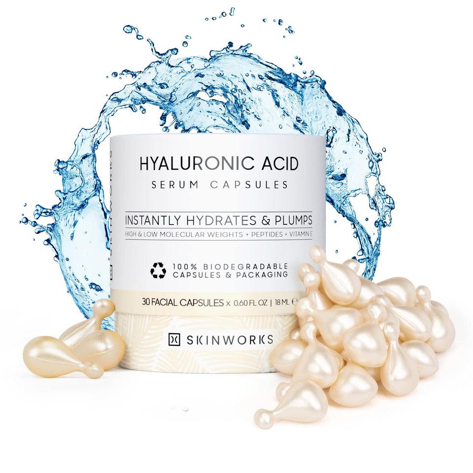 SKINWORKS front packaging showing 30 unscented capsules for travel-friendly hydration
