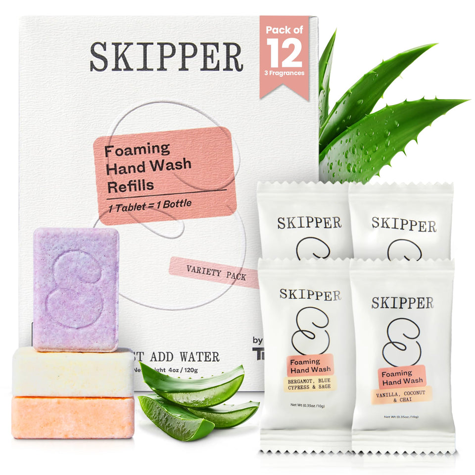 Skipper front packaging showing compostable 12-pack and scent benefits
