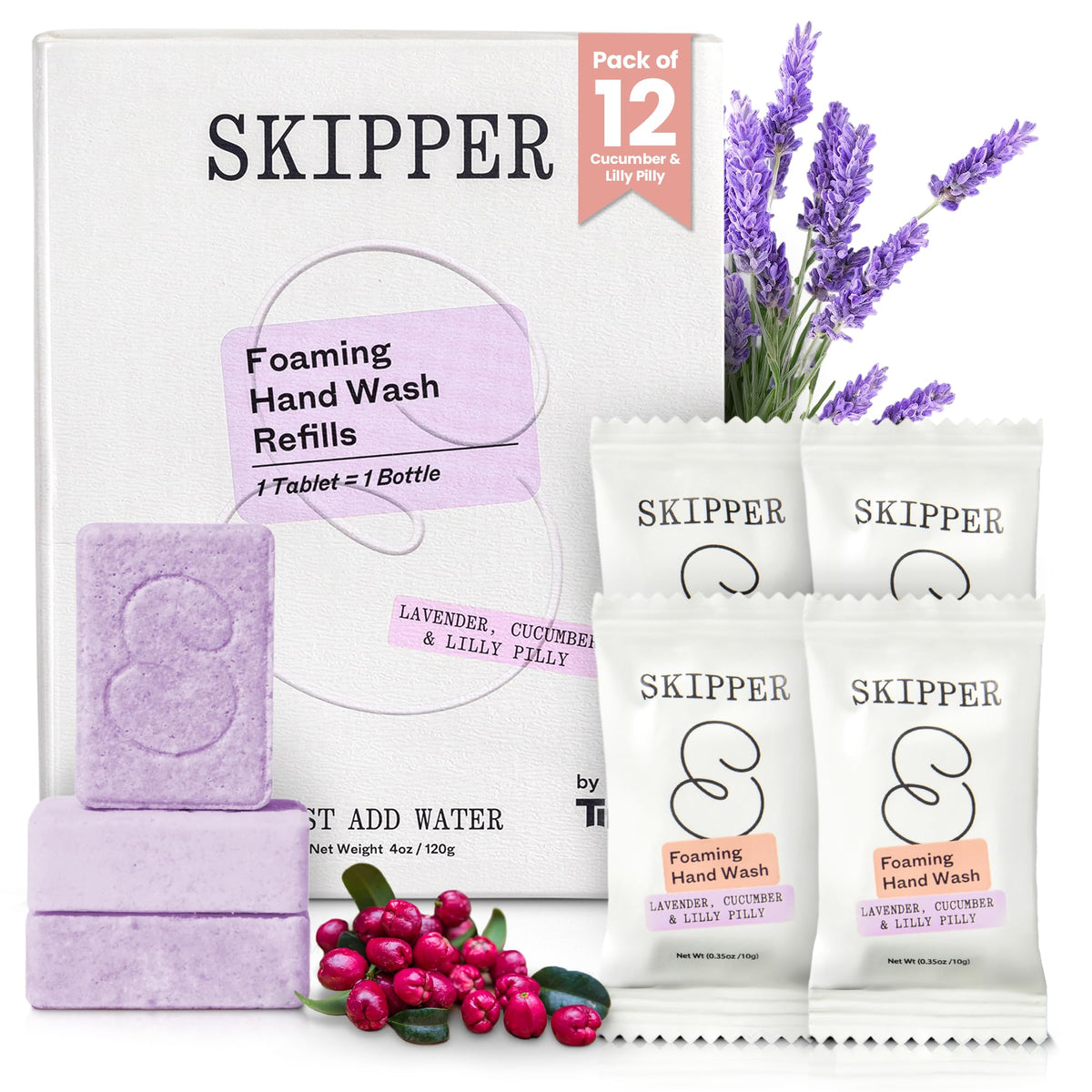 Skipper front packaging showing 12-pack and compostable wrap, eco convenience