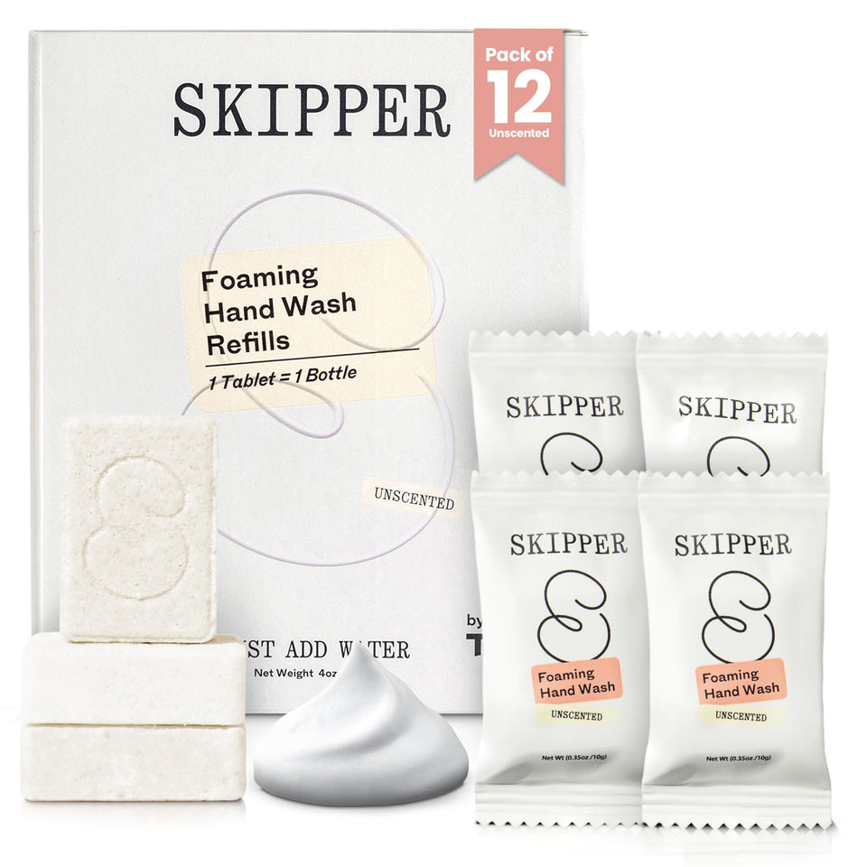 Skipper front packaging showing unscented tablet pack and eco benefits