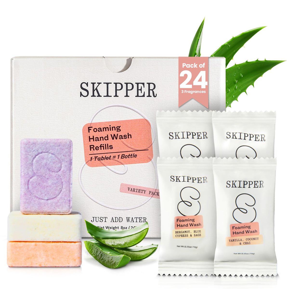 Skipper front packaging showing bulk 24-pack and product benefits