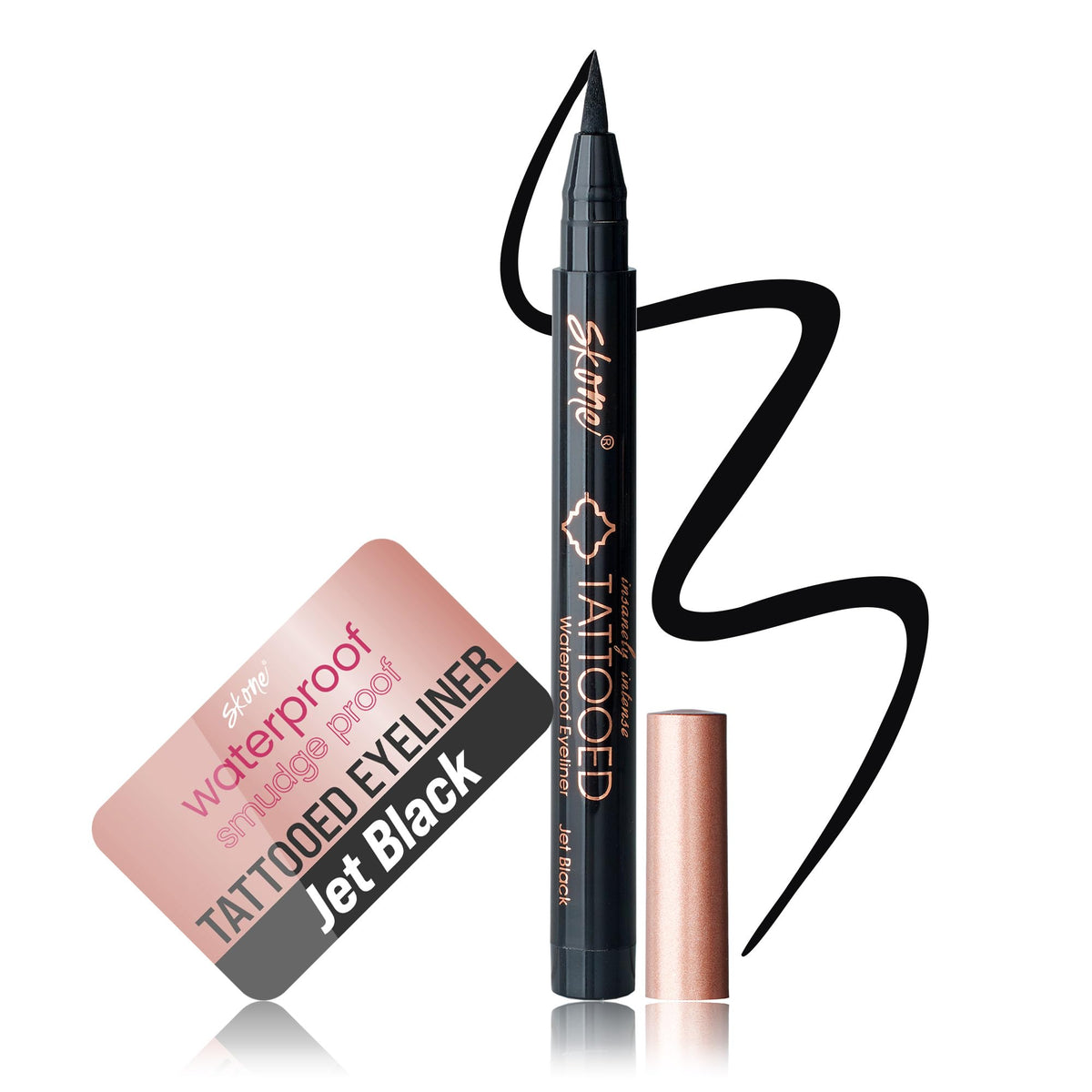 Skone front packaging showing pen and bold jet-black finish benefit long wear